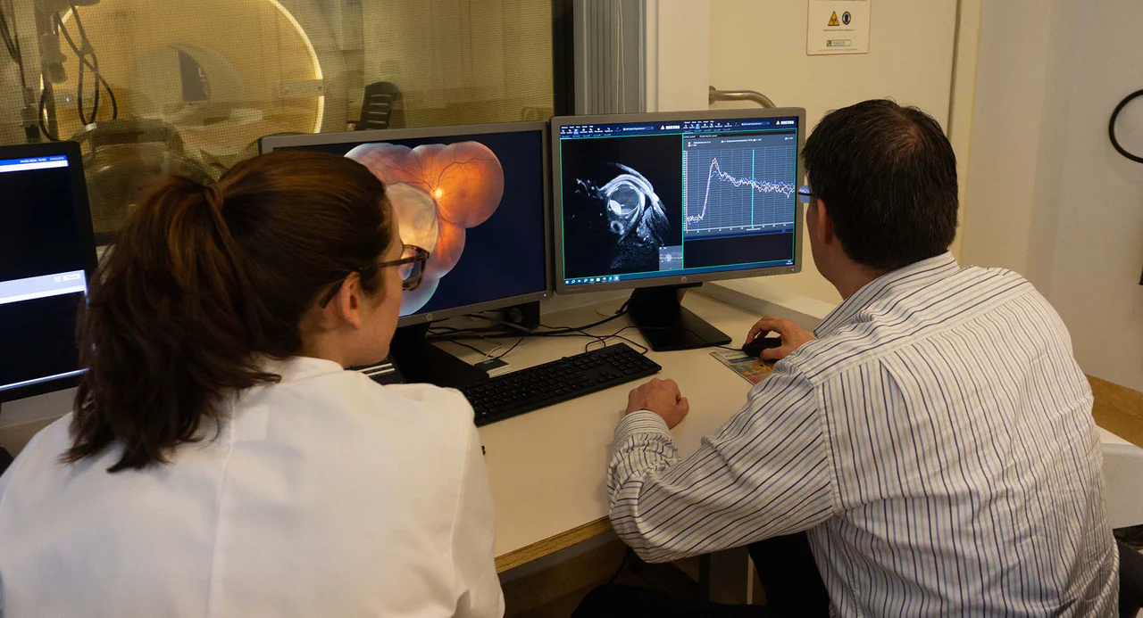 MRI scanner showing an eye tumour